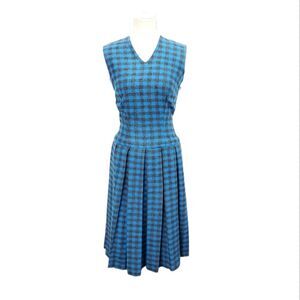 Vintage ILGWU TONI TODD Wool Blend Blue Pleated Chekered Drop Waist Dress